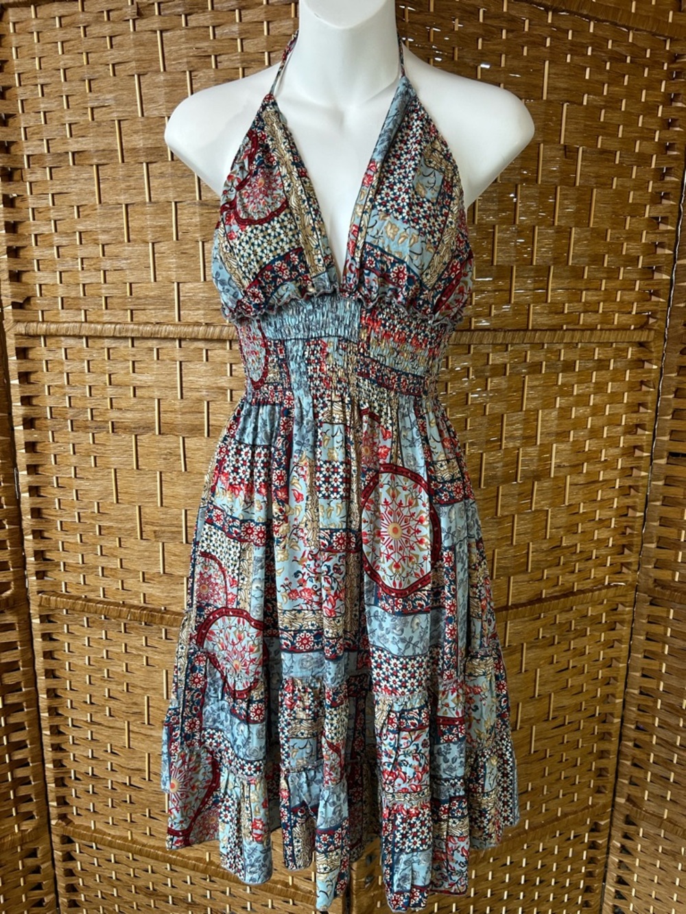 Silk Boho Patchwork Halter Smocked Tassel Dress Festival Coastal Cowgirl Boho